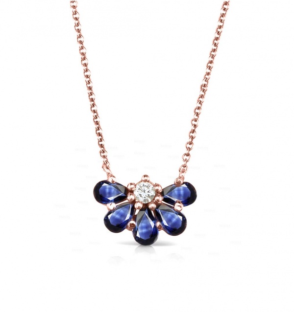 14K Gold Genuine Diamond And Pear Shape Blue Sapphire Floral Pendant Necklace