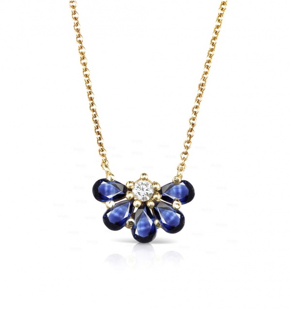 14K Gold Genuine Diamond And Pear Shape Blue Sapphire Floral Pendant Necklace