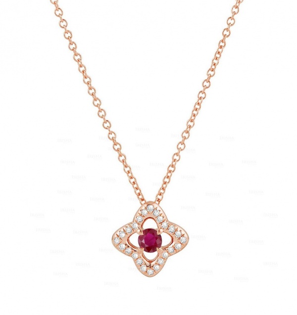 14K Gold Genuine Diamond And Ruby Gemstone Floral Pendant Necklace Fine Jewelry
