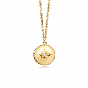 14K Gold 0.03Ct. Genuine Diamond Engraved Starburst Locket Necklace Fine Jewelry