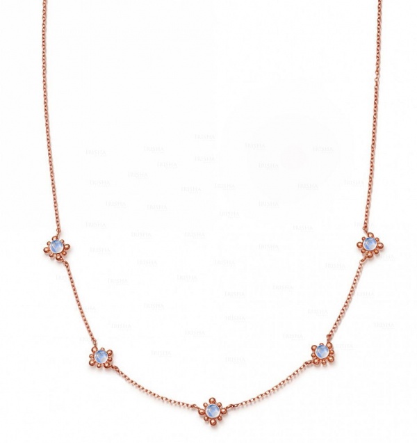 14K Gold 3.00 Ct. Genuine Rainbow Moonstone Five Flower Charm Pendant Necklace