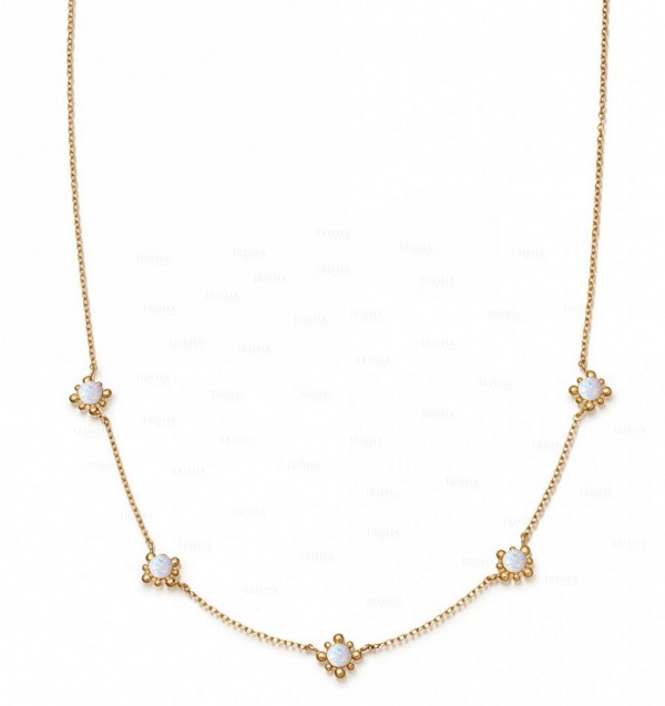 14K Gold 2.00 Ct. Genuine Opal Gemstone Five Flower Charm Pendant Necklace