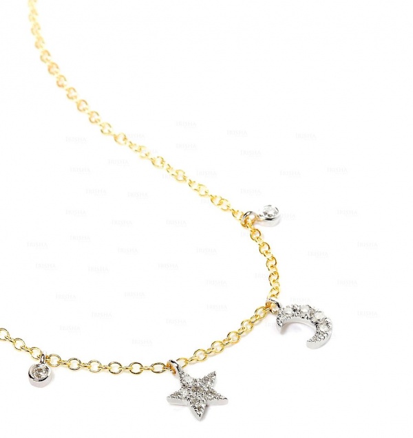 14K Gold 0.20 Ct. Genuine Diamond Star Moon Charm Pendant Necklace Fine Jewelry