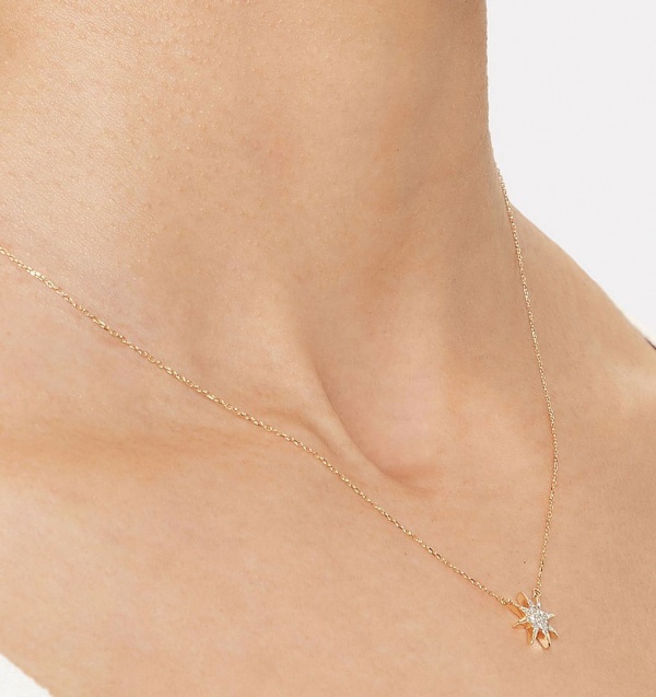 14K Gold 0.08 Ct. Genuine Diamond Starburst Pendant Necklace Fine Jewelry