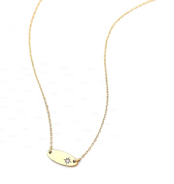 14K Gold 0.05 Ct. Genuine Diamond Engraved Starburst Oval Shape Pendant Necklace