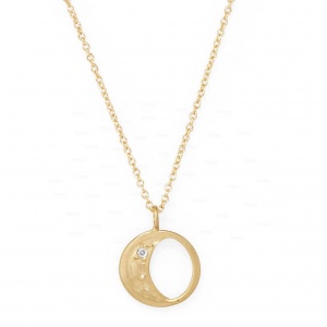 14K Gold 0.01 Ct. Genuine Diamond Crescent Moon Circle Design Pendant Necklace