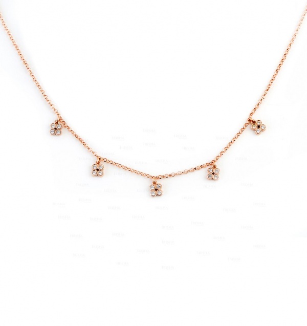 14K Gold 0.30Ct. Genuine Diamond Five Flower Charm Pendant Necklace Fine Jewelry