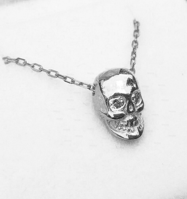 14K Gold 0.15 Ct. Genuine Diamond Skull Pendant Necklace Halloween Gift