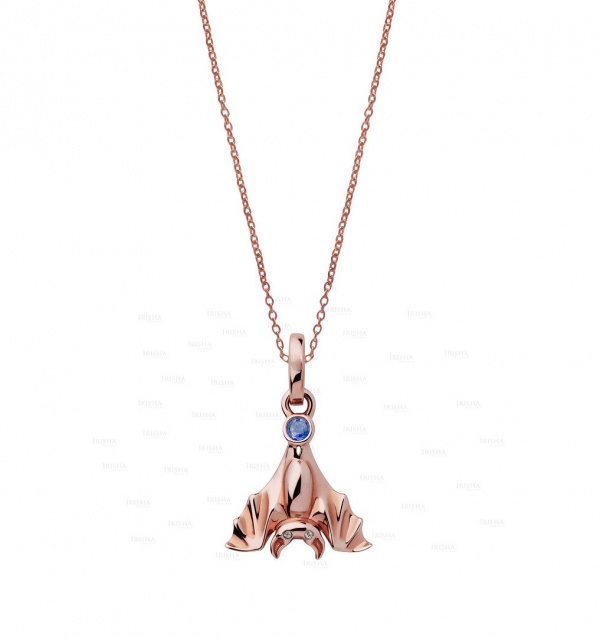 14K Gold Genuine Diamond-Blue Sapphire Bat Pendant Necklace Halloween Gift