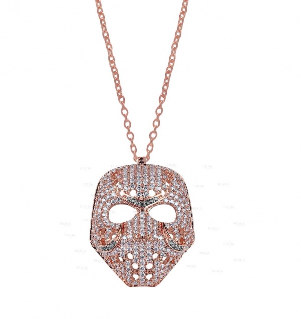 14K Gold 1.00 Ct. Genuine Diamond Retro Mask Pendant Necklace Halloween Jewelry