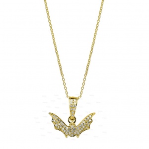 14K Gold 0.45 Ct. Genuine Diamond Bat Pendant Necklace Halloween Jewelry