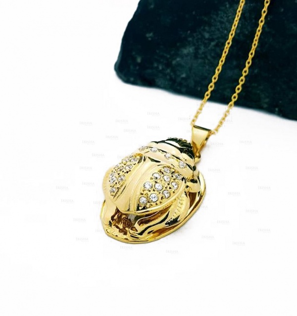 14K Gold Genuine Diamond Scarab Egyptian Beetle Pendant Necklace Fine Jewelry