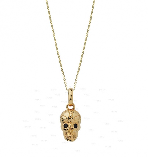 14K Gold Genuine Black Diamond Eyes Skull Pendant Necklace Halloween Jewelry
