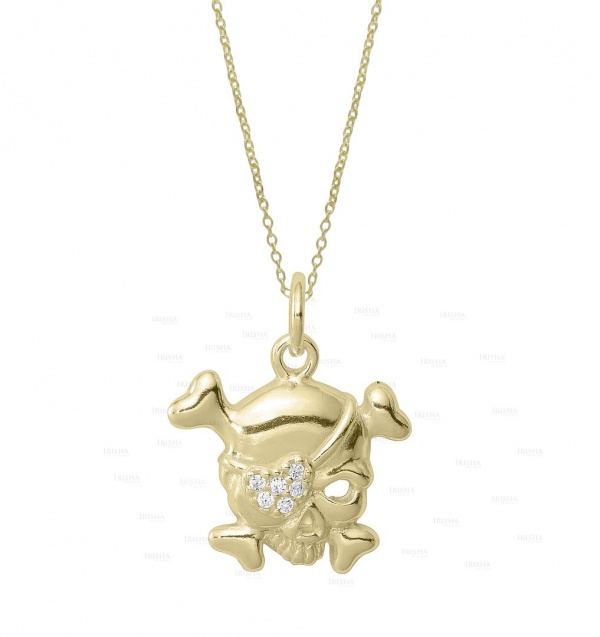 14K Gold 0.05Ct. Genuine Diamond Pirate Skull Pendant Necklace Halloween Jewelry