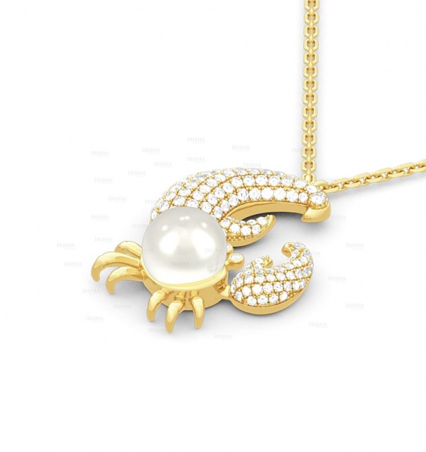 14K Gold Genuine Diamond and Pearl Crab Pendant Necklace Halloween Fine Jewelry