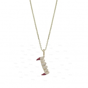 14K Gold Genuine Diamond-Ruby Gemstone Vampire Fangs Halloween Pendant Necklace