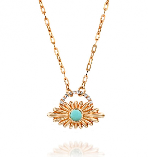 14K Gold Genuine Diamond-Turquoise Gemstone Unique Flower Pendant Necklace