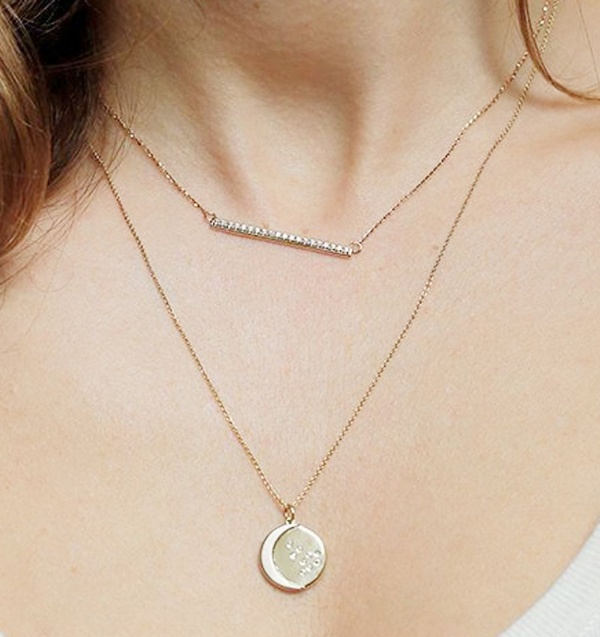 14K Gold 0.05 Ct. Genuine Diamond Crescent Moon Disc Pendant Necklace Jewelry