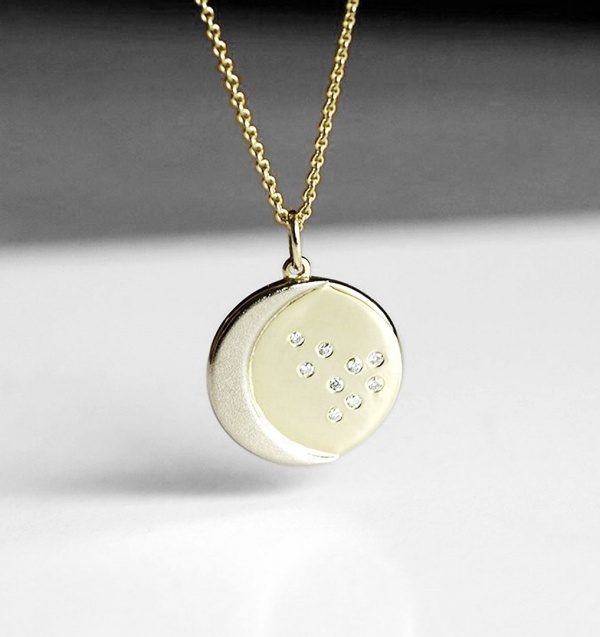 14K Gold 0.05 Ct. Genuine Diamond Crescent Moon Disc Pendant Necklace Jewelry