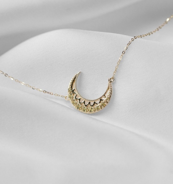 14K Gold 0.10 Ct. Genuine Yellow Diamond Crescent Moon Pendant Necklace
