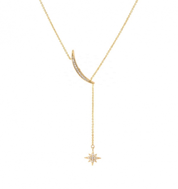 14K Gold 0.30 Ct. Genuine Diamond Crescent Moon Starburst Drop Lariat Necklace