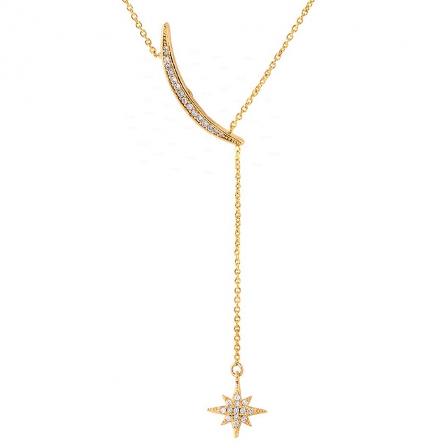 14K Gold 0.30 Ct. Genuine Diamond Crescent Moon Starburst Drop Lariat Necklace