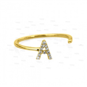 14K Gold 0.06 Ct. Genuine Diamond Initial A to Z Alphabet Open Cuff Fine Ring