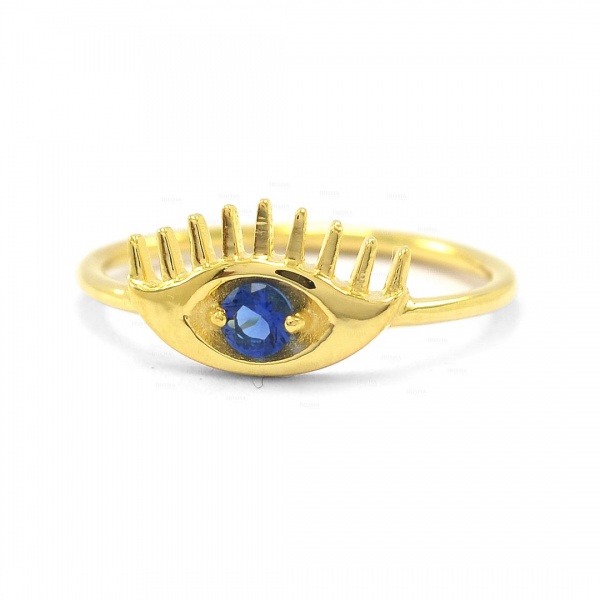 14K Gold 0.12 Ct. Genuine Blue Sapphire Gemstone Evil Eye Ring Fine Jewelry