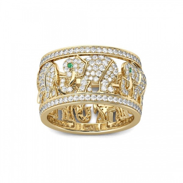 14K Gold Genuine Diamond Emerlad Gemstone Five Elephant Band Ring Jewelry