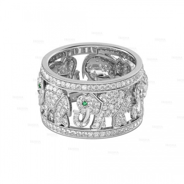 14K Gold Genuine Diamond Emerlad Gemstone Five Elephant Band Ring Jewelry