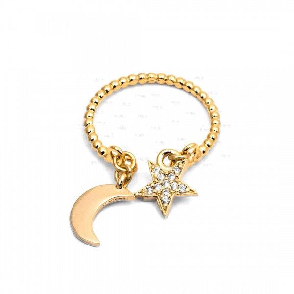 14K Gold Beaded 0.10 Ct. Genuine Diamond Dangling Star Moon Ring Fine Jewelry