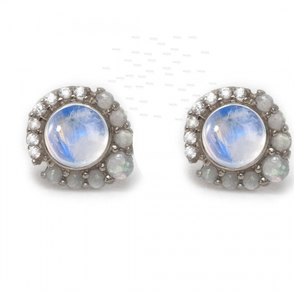 14K Gold Genuine Diamond Opal Rainbow Moonstone Classic Studs Earrings Jewelry