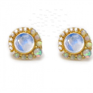 14K Gold Genuine Diamond Opal Rainbow Moonstone Classic Studs Earrings Jewelry