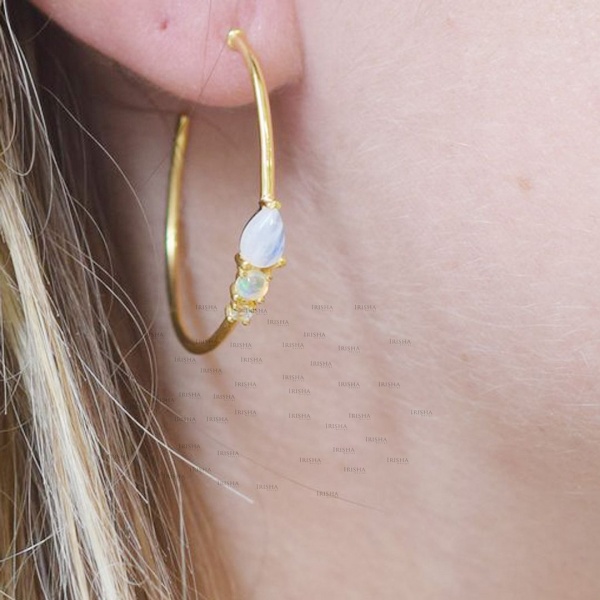 14K Gold Genuine Diamond Opal Moonstone 30 mm Hoop Earrings Fine Jewelry