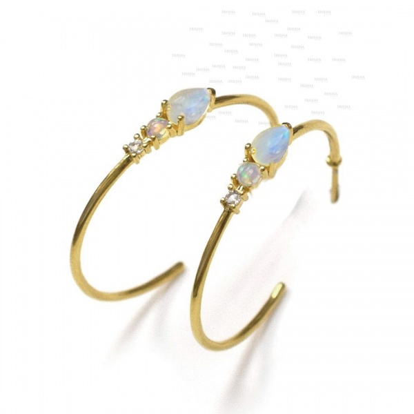 14K Gold Genuine Diamond Opal Moonstone 30 mm Hoop Earrings Fine Jewelry