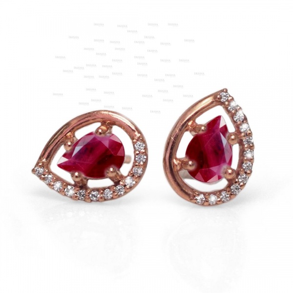 14K Gold Genuine Diamond And Ruby Gemstone Teardrop Studs Earrings Fine Jewelry