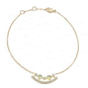 14K Gold Genuine Diamond And Opal Gemstone Curved Charm Bracelet Fine Jewelry