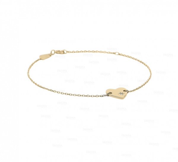 14K Gold 0.01 Ct. Genuine Diamond Engraved Starburst Heart Charm Chain Bracelet