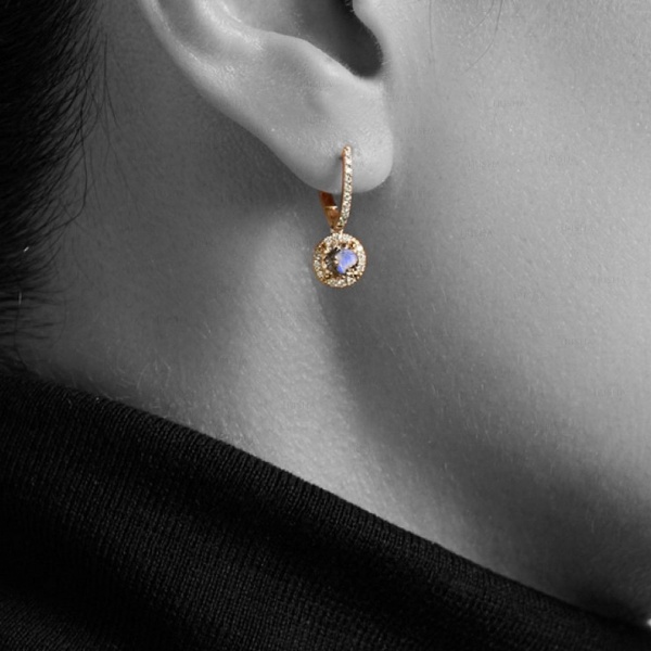 14K Gold Genuine Diamond And Moonstone Disc Hoop Drop Earrings Fine Jewelry
