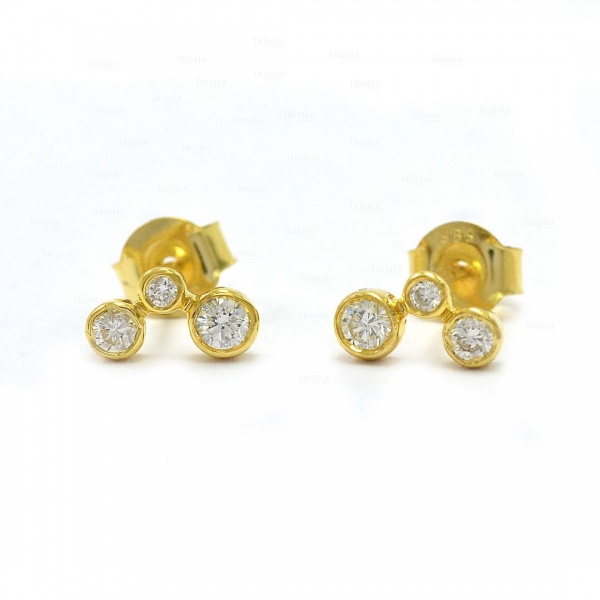 14K Gold 0.27 Ct. Genuine Three Diamond Minimalist Studs Earrings Fine Jewelry