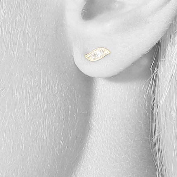 14K Gold 0.20 Ct. Genuine Baguette Diamond Leaf Design Stud Earring Fine Jewelry