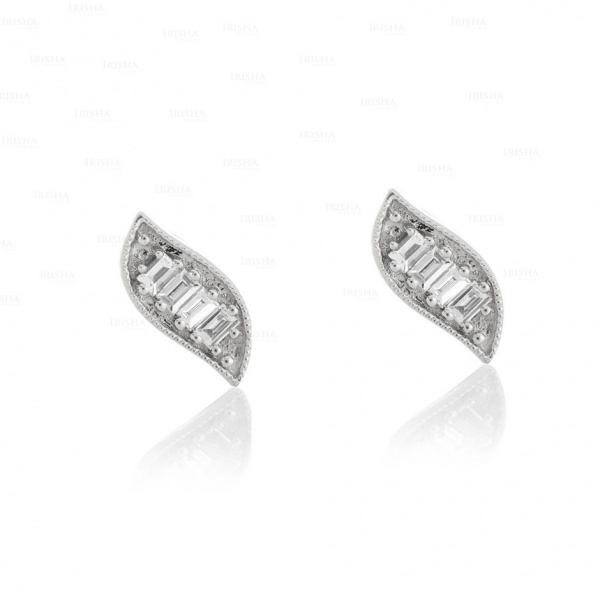 14K Gold 0.20 Ct. Genuine Baguette Diamond Leaf Design Stud Earring Fine Jewelry
