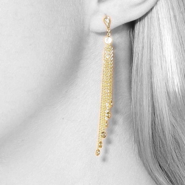 14K Gold 0.52 Ct. Genuine Diamond Long Tassel Earrings Wedding Fine Jewelry