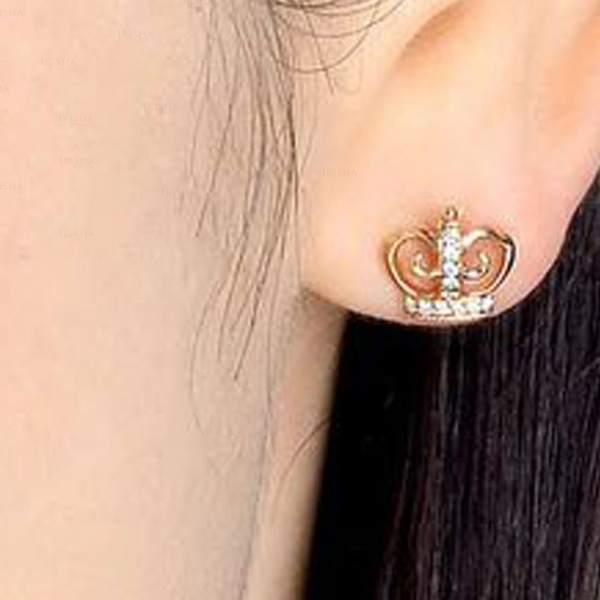 14K Gold 0.11 Ct. Genuine Diamond Crown Shape Wedding Studs Earring Fine Jewelry
