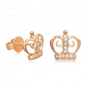 14K Gold 0.11 Ct. Genuine Diamond Crown Shape Wedding Studs Earring Fine Jewelry
