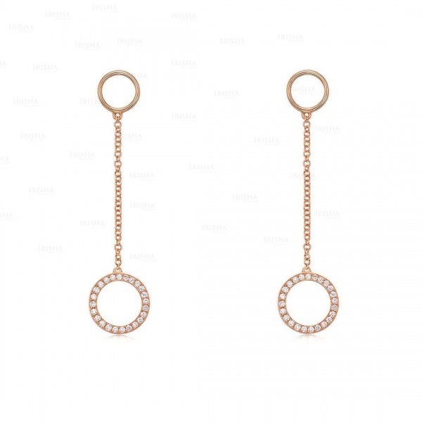 14K Gold 0.20 Ct. Genuine Diamond Double Circle Hoop Long Chain Fine Earrings