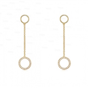 14K Gold 0.20 Ct. Genuine Diamond Double Circle Hoop Long Chain Fine Earrings