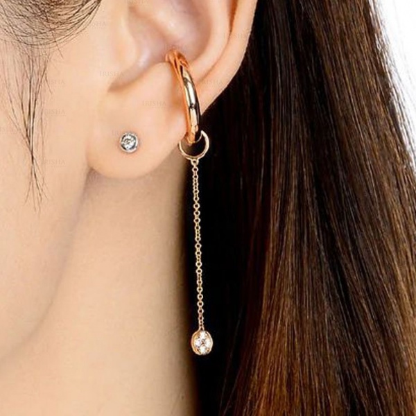 14K Gold 0.12 Ct. Genuine Diamond Disc Circle Hoop Long Chain Fine Earrings