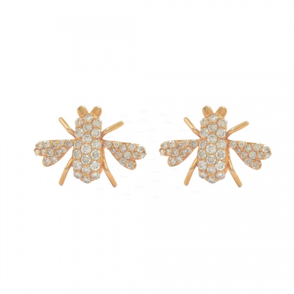 14K Gold 0.66 Ct. Genuine Diamond Honeybee Woman Studs Earrings Fine Jewelry