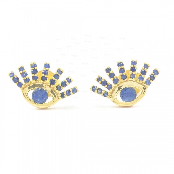 14K Gold 1.00 Ct. Genuine Blue Sapphire Evil Eye Studs Earrings Fine Jewelry